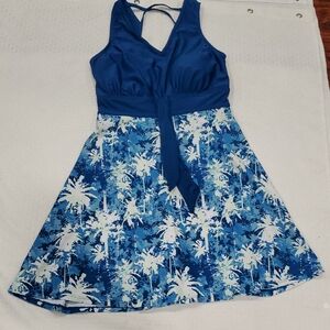 Kate Kasin Tropical Blue Halter Swim Dress Size S
